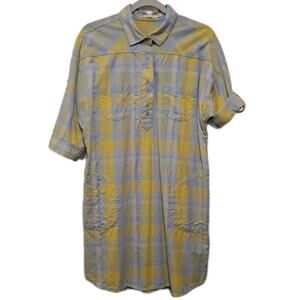 Prana Deryn Shirt Dress Womens Large Yellow Plaid Organic Cotton Roll Tab Sleeve